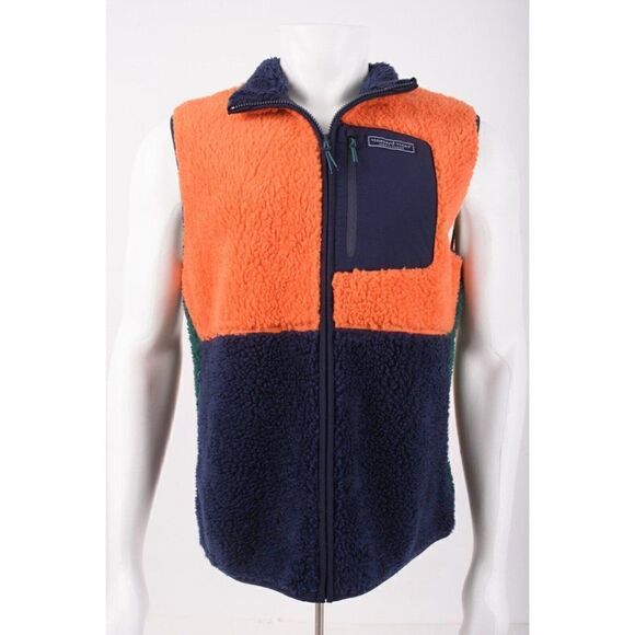 Vineyard Vines Mens Sherpa Vest Jacket Full Zip M Medium Orange Blue NWT - Picture 1 of 6